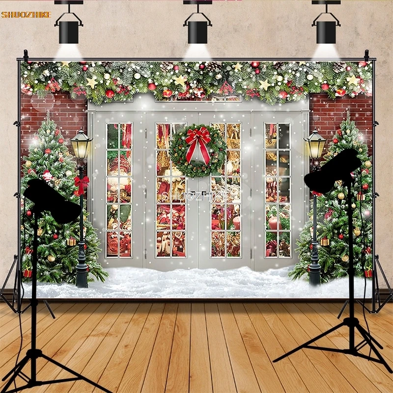 SHUOZHIKE พวงหรีดวันคริสต์มาส Snowman การถ่ายภาพฉากหลัง Props ครอบครัวห้องนั่งเล่นปีใหม่ภาพพื้นหลัง DJ-03