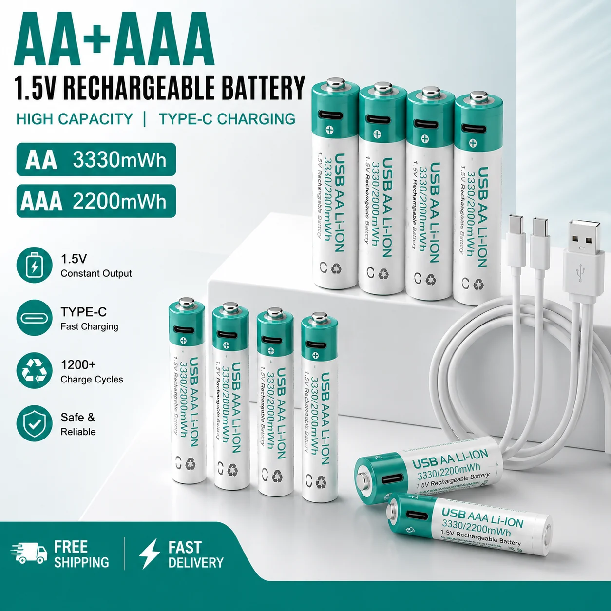 Type-C Fast Charging 1.5V AA AAA Lithium Battery 3330mWh Large Capacity Rechargeable Cell for Remote Mouse Camera Electronic Toy