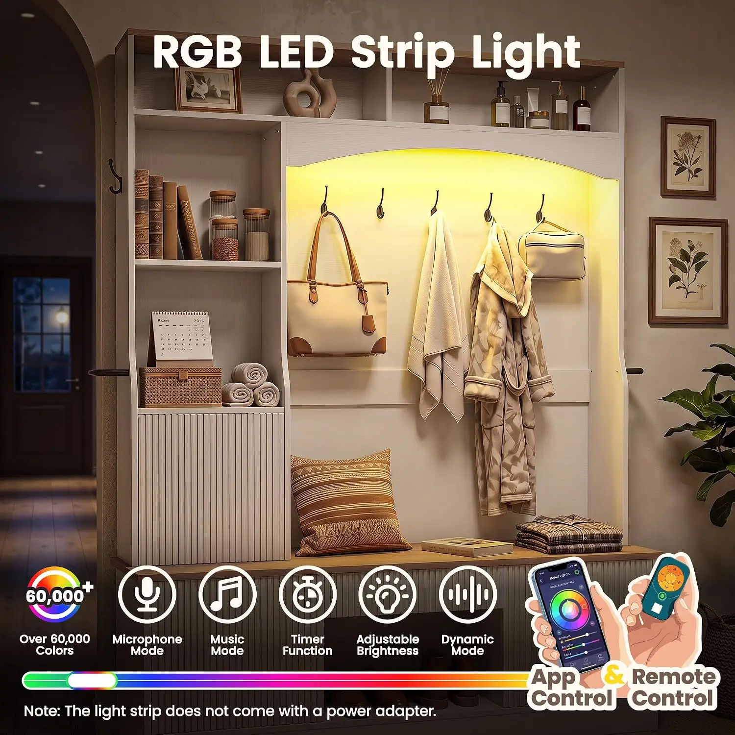 75" Hall Tree with Bench Storage Double-tier Coat Hooks Shoe Cabinet LED Lights Entryway Bedroom Mudroom White, Customized view 4