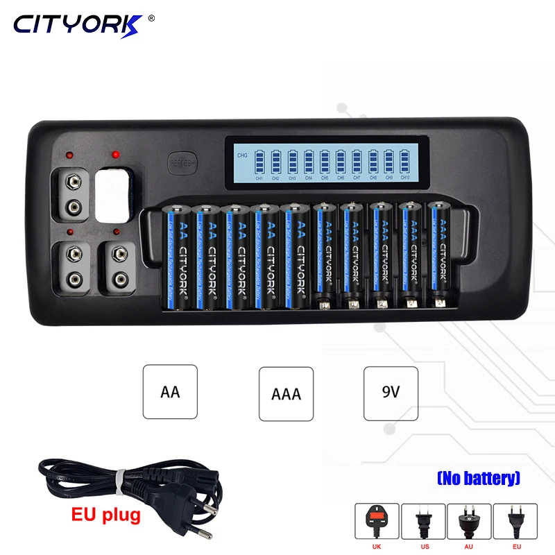 

Cityork 14 slots LCD Smart Battery Charger AA AAA 9V battery charger For 1.2V AA AAA or 9V 6F22 NI-MH NI-CD Rechargeable Battery