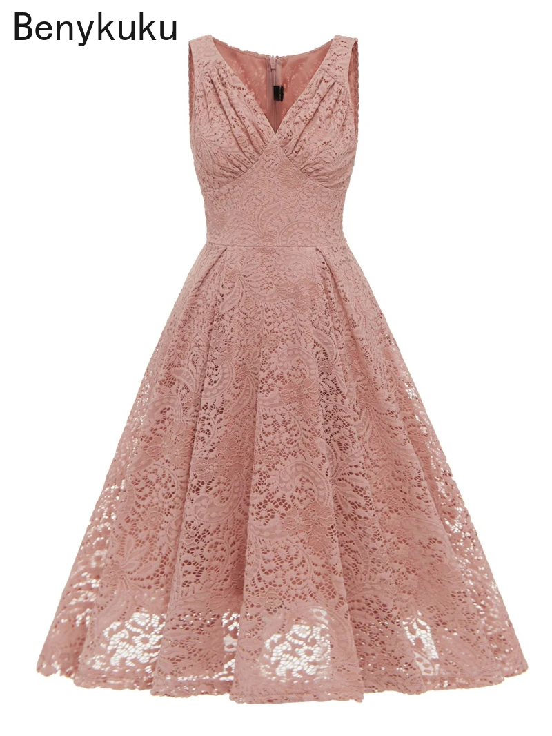 

Elegant Sleeveless V-Neck Pink Lace Pleated Midi Dress Women High Waist Vintage Clothes Ladies Summer Party Office Dresses
