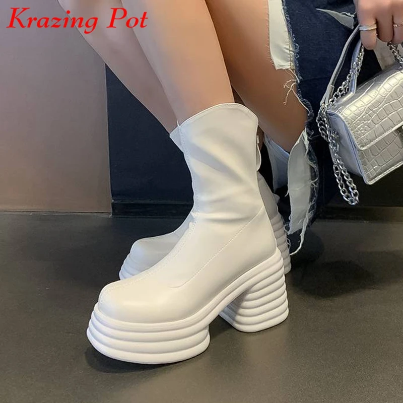 

Krazing Pot 2024 Microfiber Round Toe Waterproof Winter Shoes Modern Boots Punk Platform Zipper European Design Mid-calf Boots