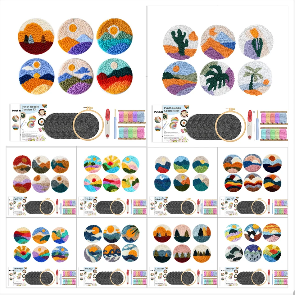 

6pcs DIY Punch Needle Coaster Kit with Nature Scenery Patterns Full Set for Adults Embroidery Tufting Coaster Home Decor Gift