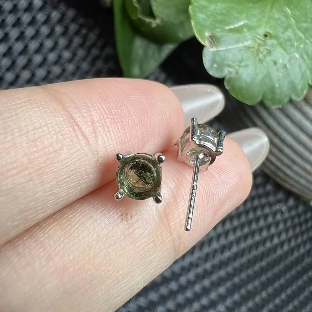 1 Pc Fengbaowu Natural Moldavite Earring 925 Sterling Silver Faceted Round Shape Reiki Healing Stone Jewelry Gift Men Women