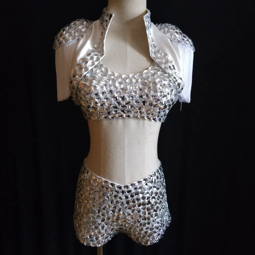 

Sparkly Full Rhinestones Bikini White 3 Pieces Set Sexy Stage Outfit Female Nightclub Bar Costume Dance Team Jazz Dance Clothes