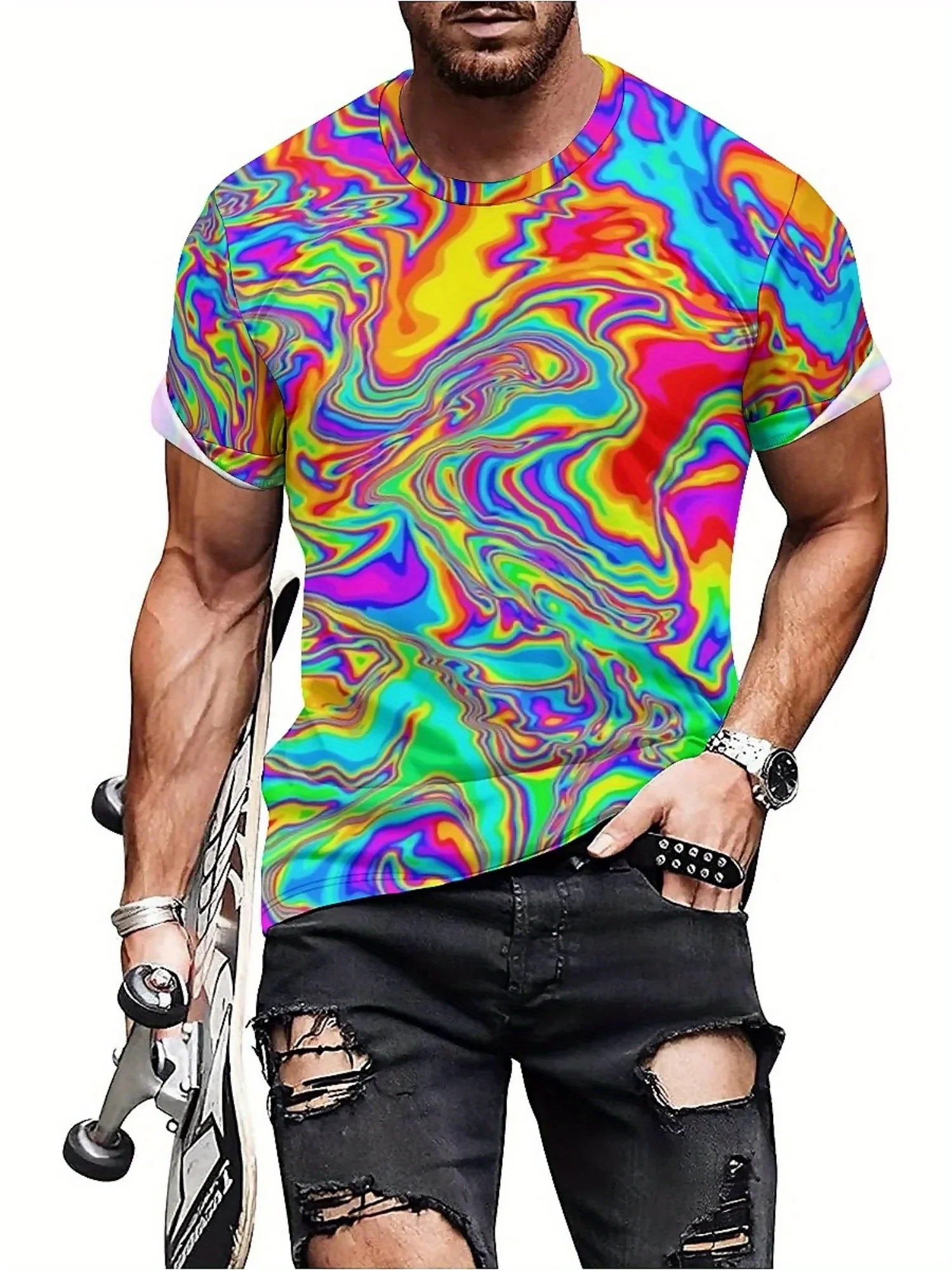 Camiseta masculina vibrante tie-dye com estampa 3D de manga curta estilo punk divertido, tecido de poliéster leve e respirável