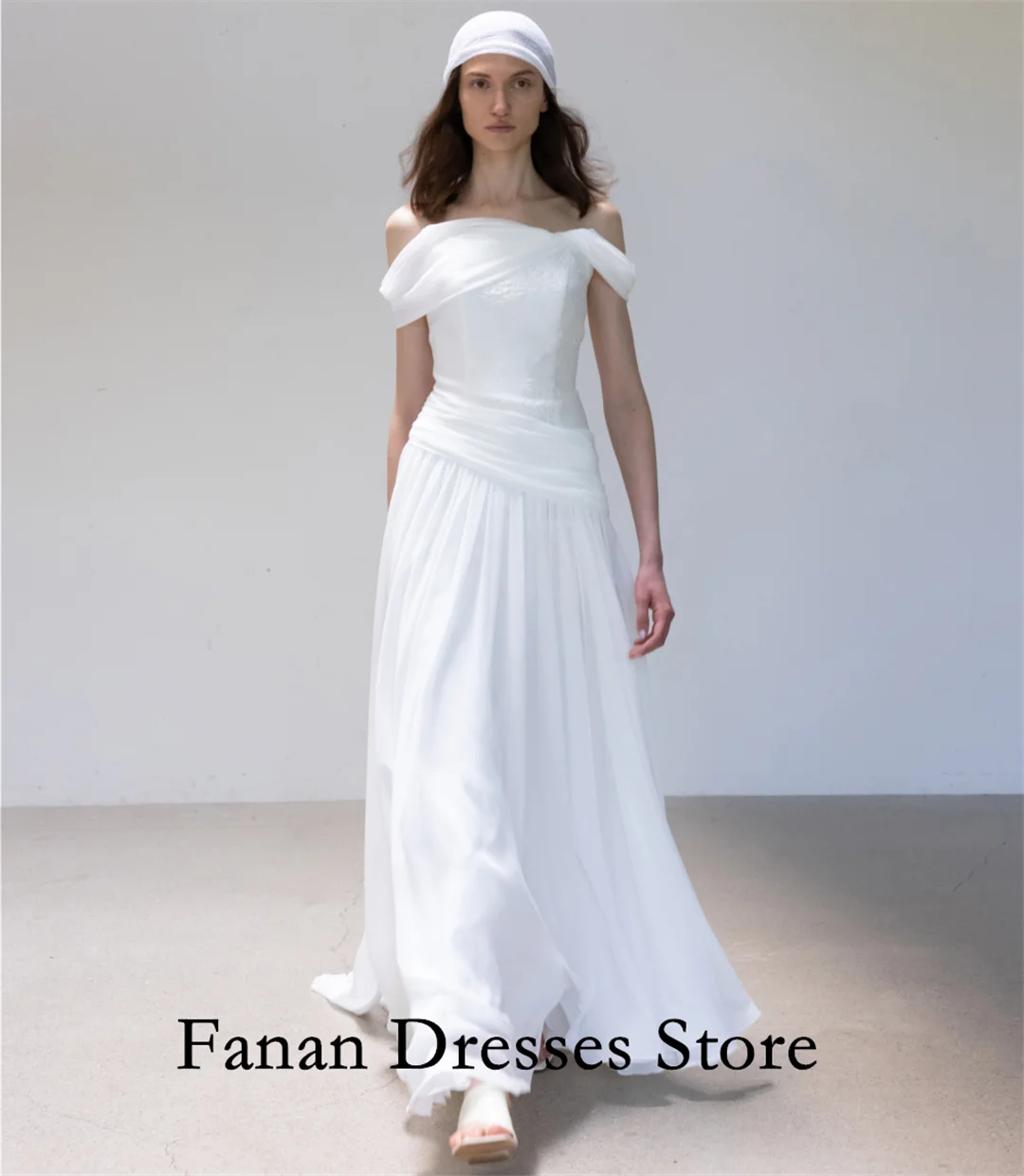 FANAN Corea Monospalla Elegante Chiffon A-Line Increspato Sweep Train Abiti da sposa Garona Avorio Personalizzato Pretty Brid