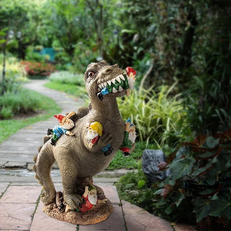 

Home Garden Decor Resin Gnome Statue with Mischievous Dinosaur Ideal Artistic Decoration for Outdoor Gardens and Home Statues
