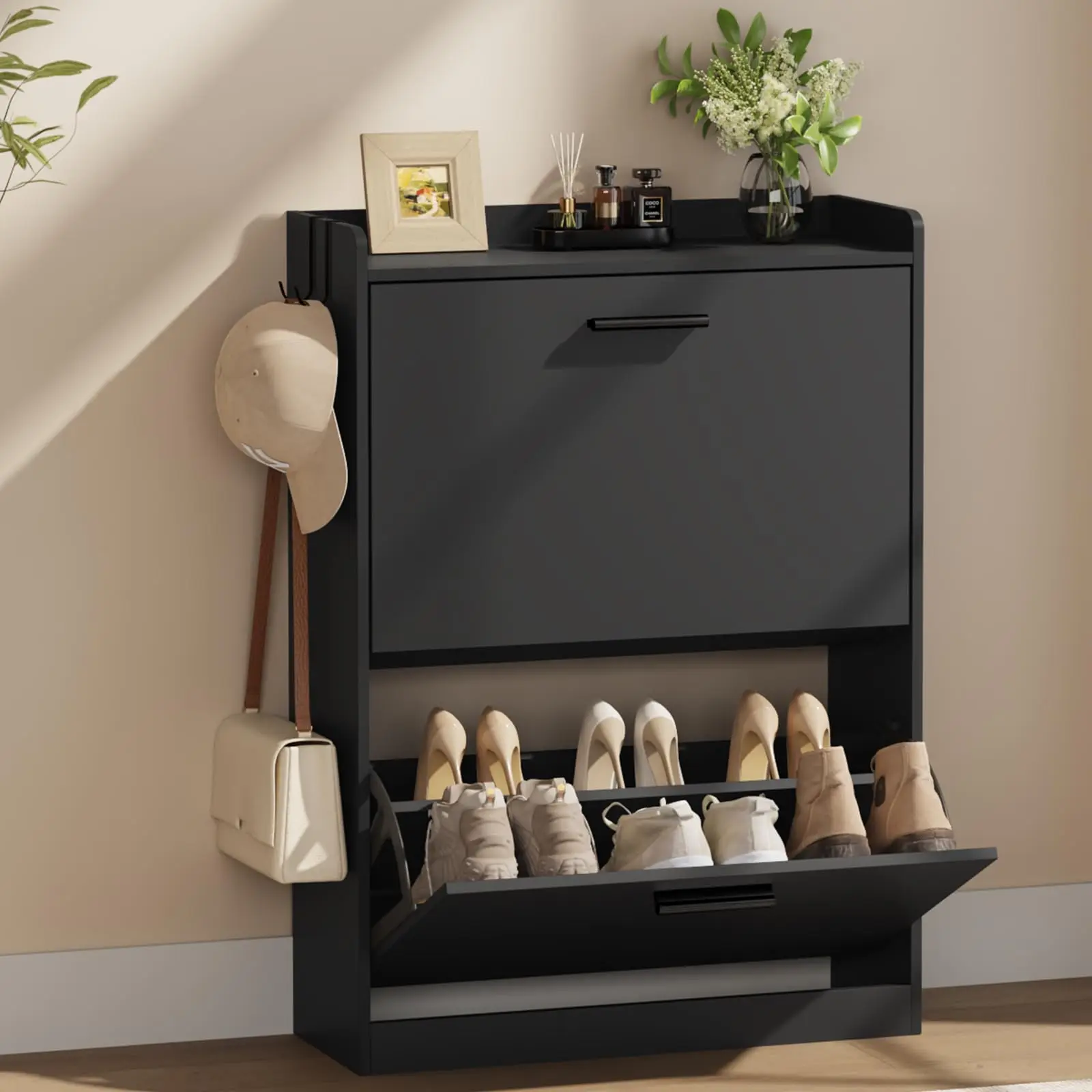 Shoe Cabinet Organizer with 2 Flip Drawers,Narrow Shoe Rack 23.6" W White