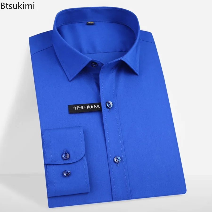 

2026 Men's High Quality Classic Style Bamboo Fiber Dress Shirt Solid Color Men Social Shirts Office Wear Easy Care Regular Fit