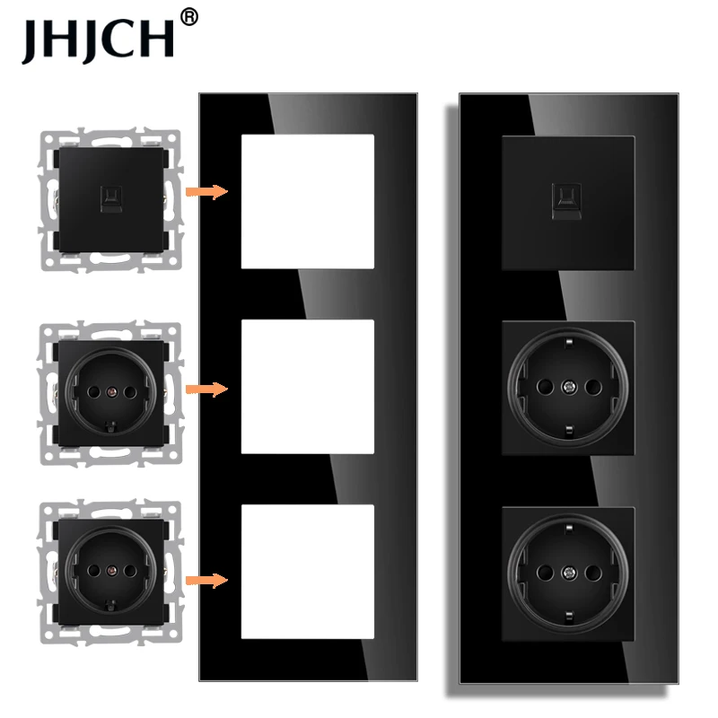 jhjch wall-mounted module diy European standard black glass panel socket switch button free combination function