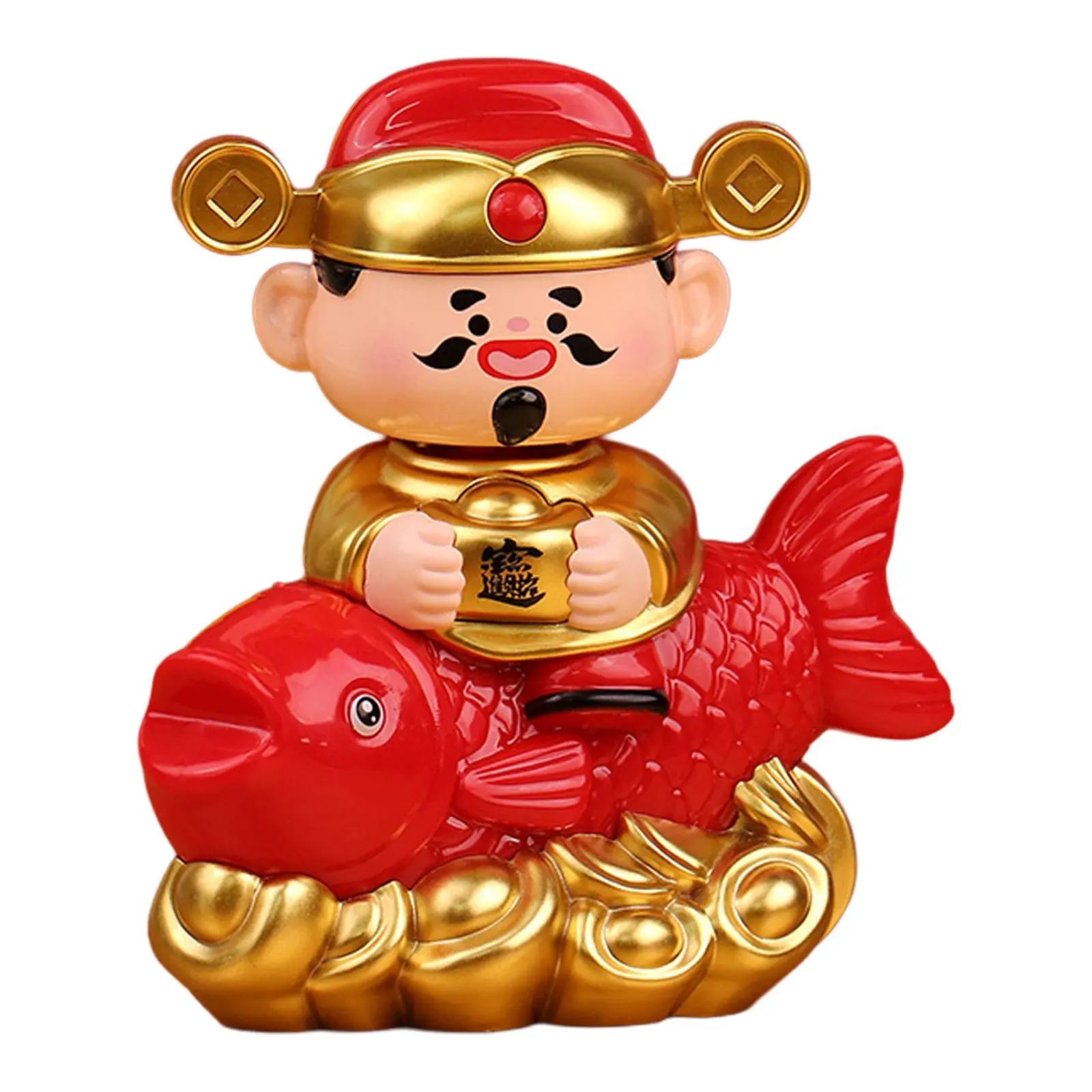 Wealth God Figurine Plastic Automatic Bobblehead Lucky Koi Ornament Solar Powered for Home Office Desk Shop Counter Decor