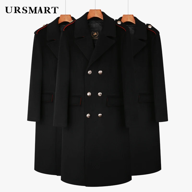 Black men's  wool coat double breasted classic contrasting color design detachable down jacket British youth winter coat for men