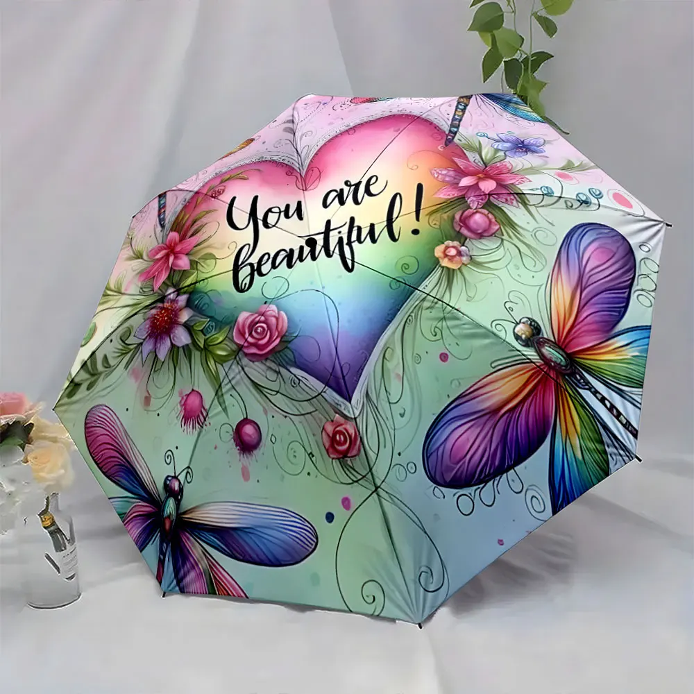 1PC Colorful Umbrella with Floral and Dragonfly Design Print 8 Iron Ribs Folding Umbrella Auto-Open Fashion Sunshade