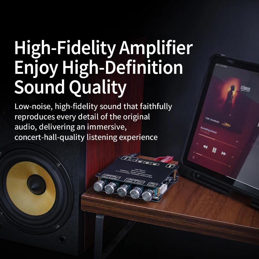 Płytka wzmacniacza audio 2.1 kanałowego YS-TB21, moduł subwoofera stereo 200W z wejściem AUX, regulacją tonów wysokich i niskich (EQ) do samodzielnego montażu systemu głośnikowego. — zdjęcie produktu 5