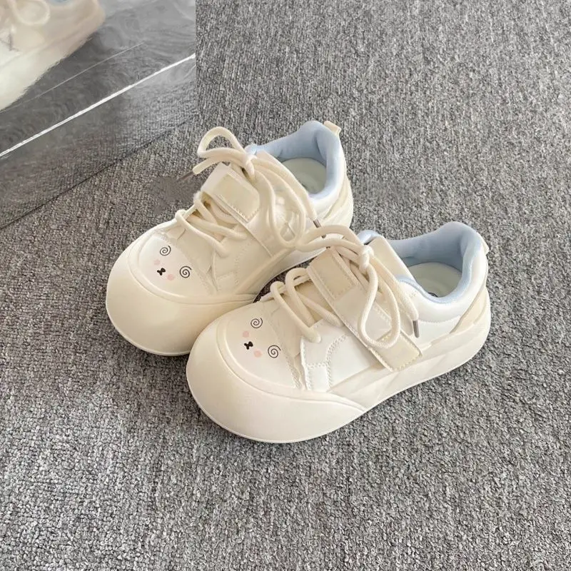 Women Girls Cute Pure White Canvas Shoes Kawaii Hook and Loop Strap Sneakers Casual Skate Board Footwear