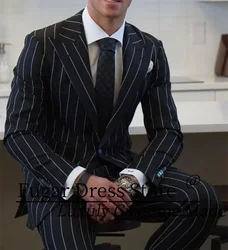 Handsome Business Black Stripe Men Suits Slim Fit Peak Lapel Groom Formal Tuxedos 2Pieces Sets High-end Male Blazers Ropa Hombre