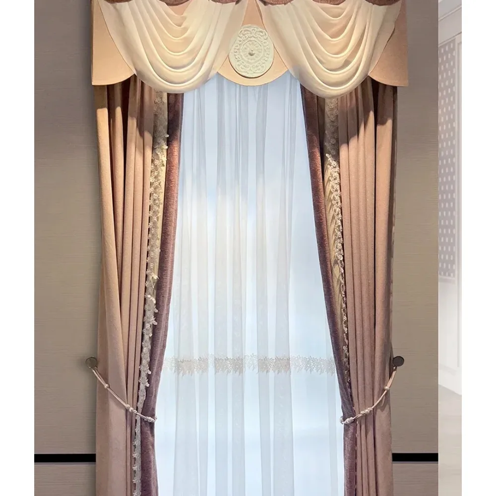 

Customized Purple And Pink Jacquard Chenille Mosaic Lace Curtains For Living Room Bedroom Bay Window French Window curtains