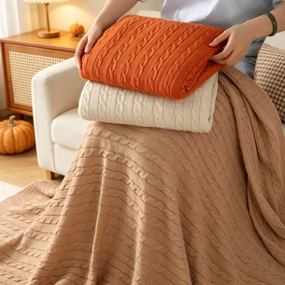 Cable Knit Throw Blanket Soft Fleece Blanket for Camping Office Nap Sofa Indoor Air Condition Use Multi Purpose Cover Blanket
