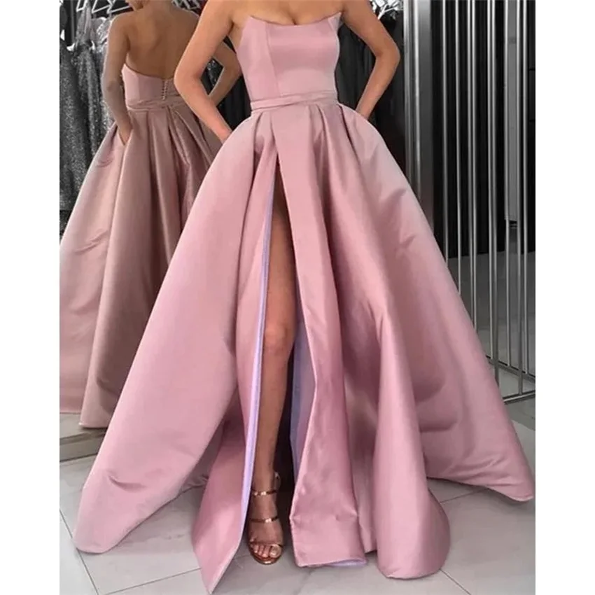 Customized Long Evening Party Gowns Wine Red Women Side Slit Strapless Satin Formal Dress Burgundy Prom Dresses with Pockets