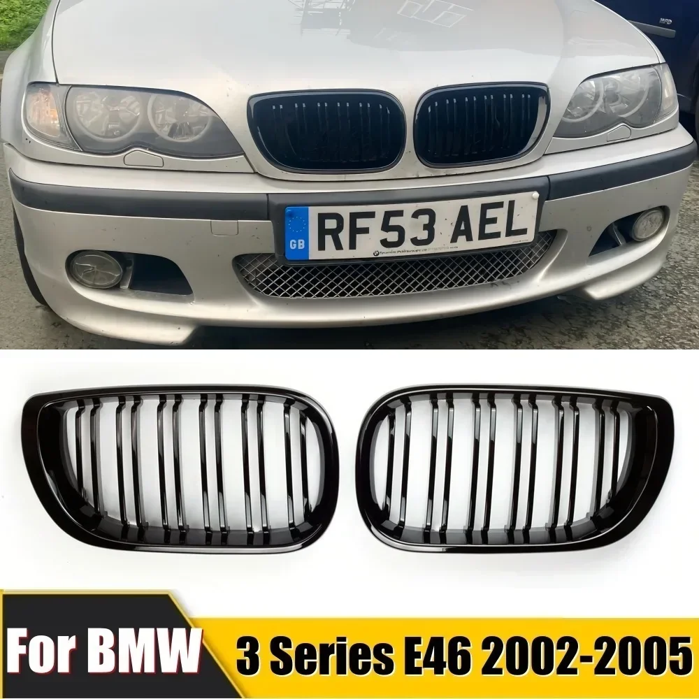 1Pair Car Front Kidney Grill Gloss Black Double Slat Hood Grille Racing Grills for BMW 3 Series E46 4 Door 2002-2005 Car Replace