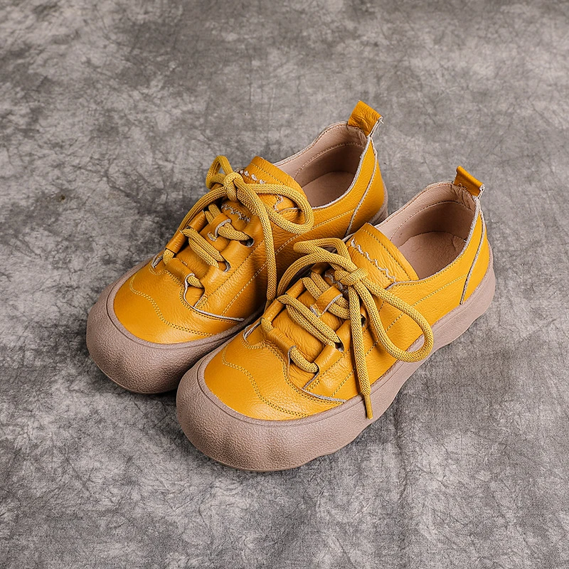 New Women Lace Up Oxford Shoes Cowhide Leather Flats Woman Casual Driving Moccasin Mom Vintage Daily Walking Shoes Zapatos Mujer