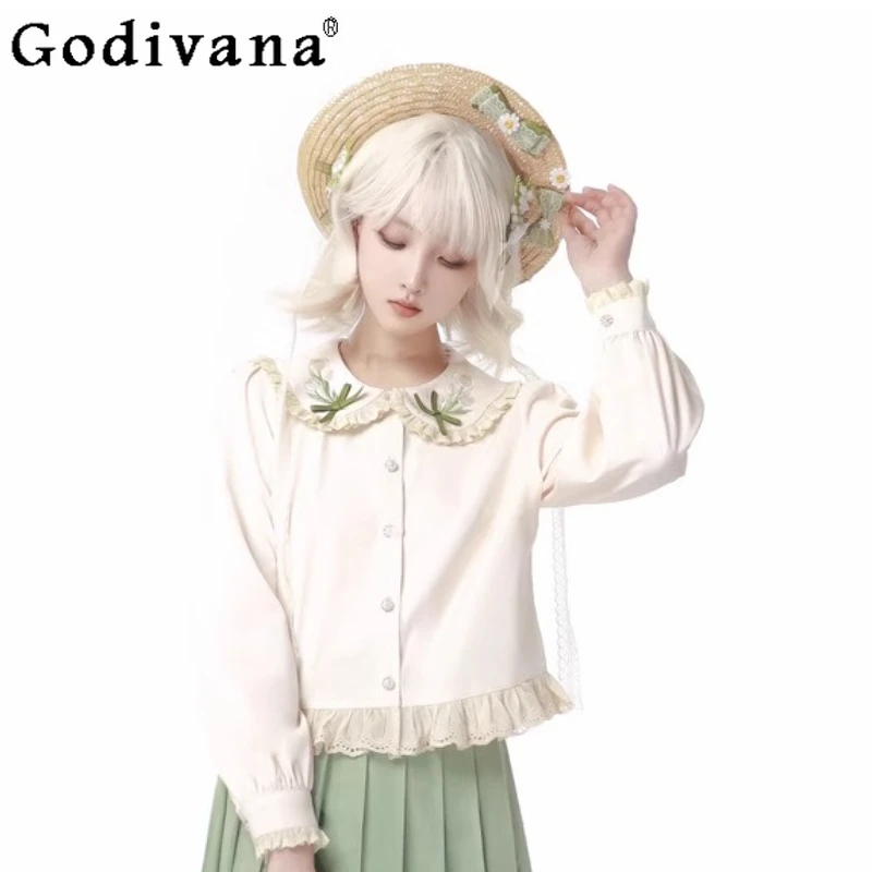 

Элегантная Лолита, новая китайская милая свободная рубашка с воротником Питера Пэна и длинными рукавами, весна-осень, универсальный возрастной модный кружевной топ