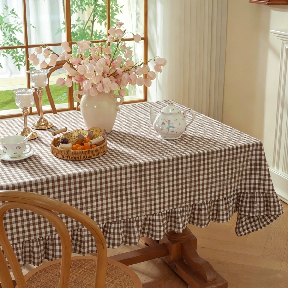 Karierte Tischdecke mit Rüschenrand für Zuhause, Hochzeit, Party, Festival, Küche, Weiche Faltbare Tischdecke mit Rüschenrand – Detail 3