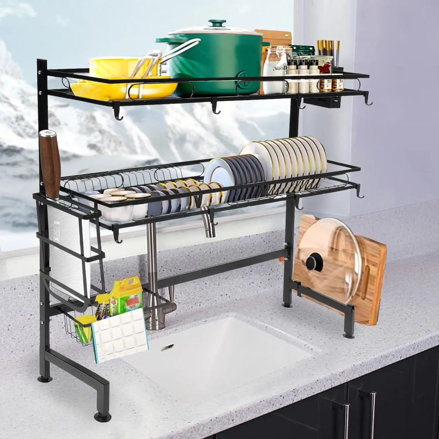 رف تجفيف الأطباق فوق الحوض، رف أطباق متعدد الوظائف بطبقتين فوق الحوض، رف تجفيف أطباق المطبخ بمساحة تخزين كبيرة #2