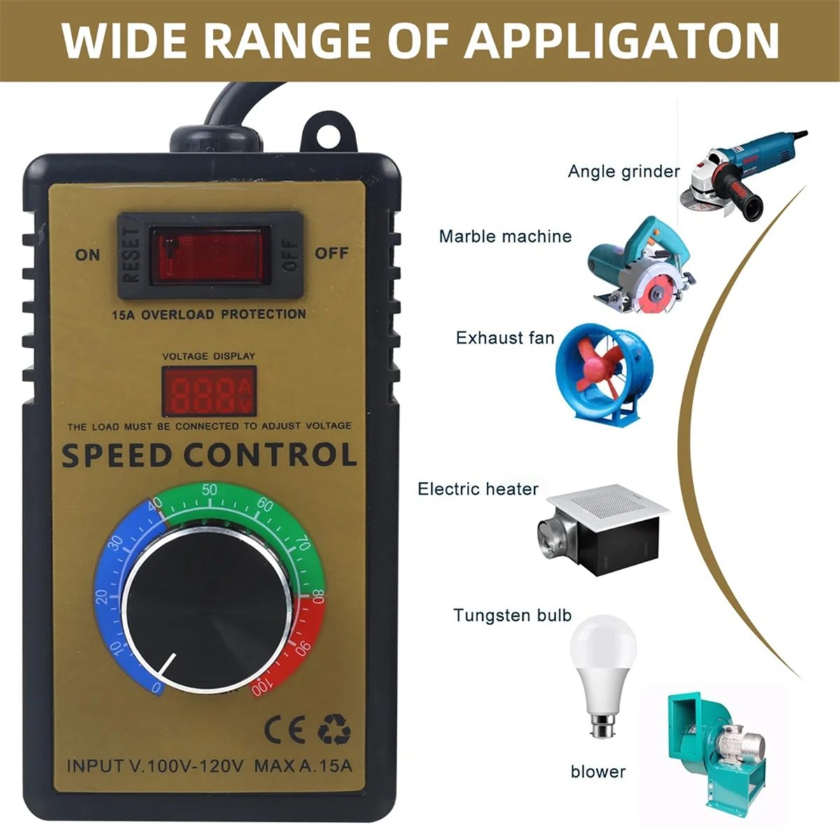 Contrôleur de vitesse de moteur ABZV-AC-régulier 100V-120V et 15A Max, régulateur de vitesse Variable de ventilateur électrique prise américaine