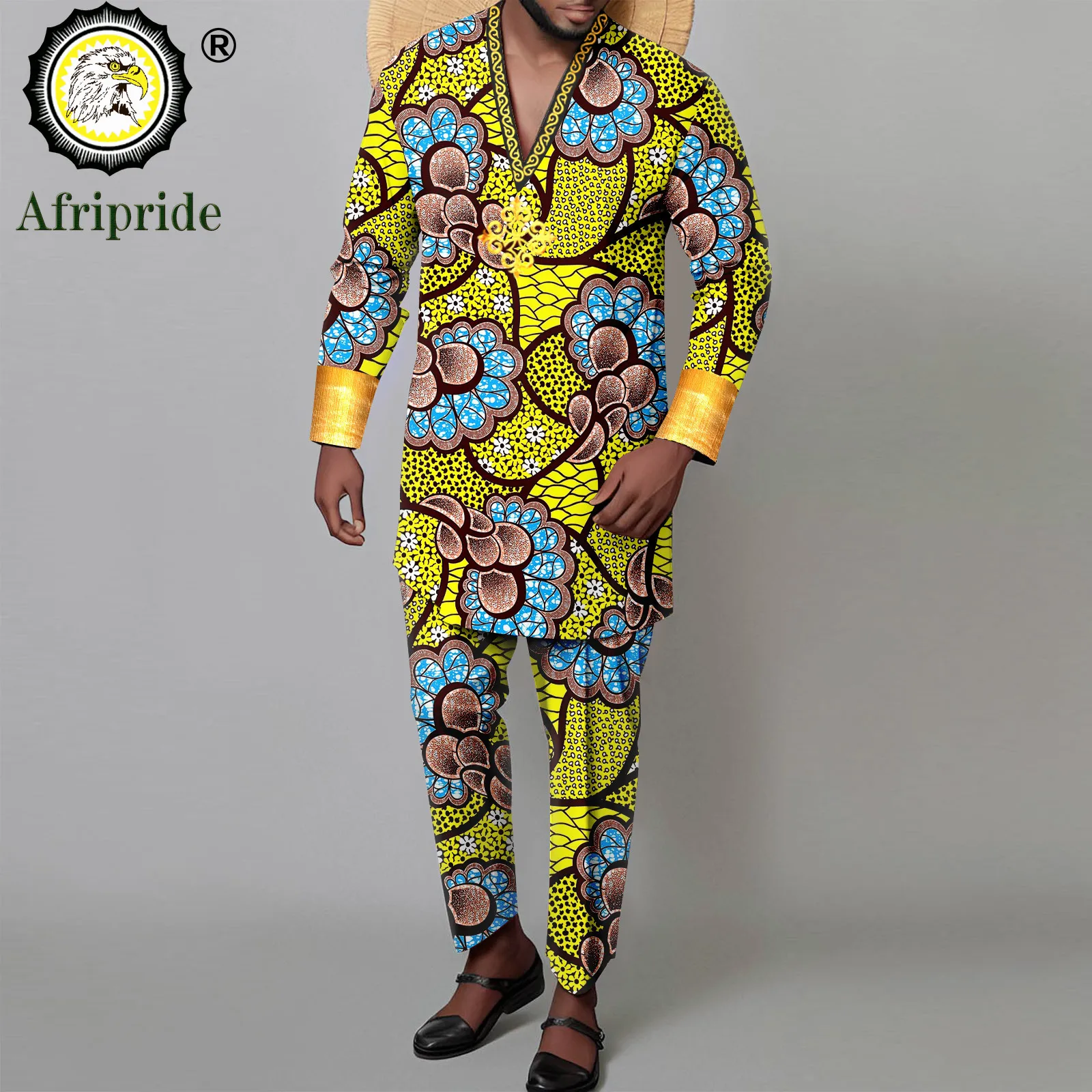 Tracksuit Men African Clothes V-neck Long Sleeve Embroidery Shirts and Pant 2 Piece Set Dashiki Attire Print Outfits A2316033