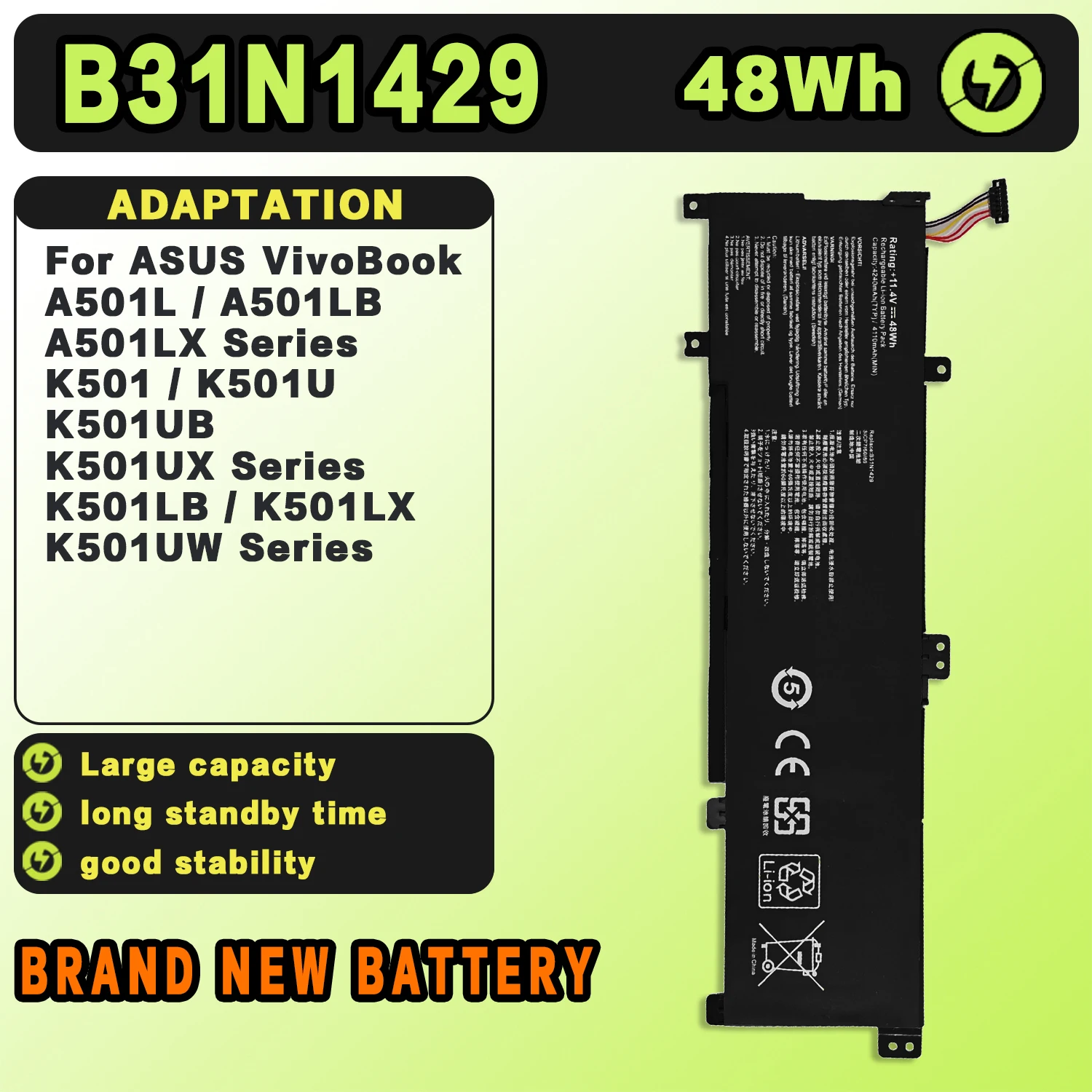 SAT B31N1429 New Laptop Batteries Replacement For ASUS A501L A501LX K501L K501LB K501U V505L 11.4V-48Wh-4240mAh