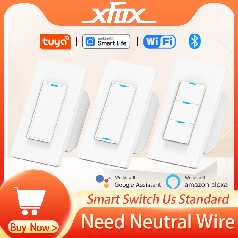 Tuya WiFi Smart Switch Need Neutral Wire AC110-240V 1/2/3 Way Light Switch Control Panel Smart Life Works with Alexa Google Home