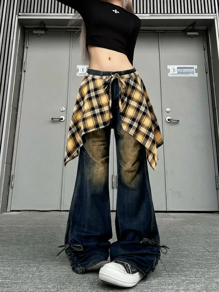 Women's Grid Skirt Design Wide Leg Jeans Street Girl Bottoms Casual Denim Pants Female High Waist Solid Color Baggy Trousers