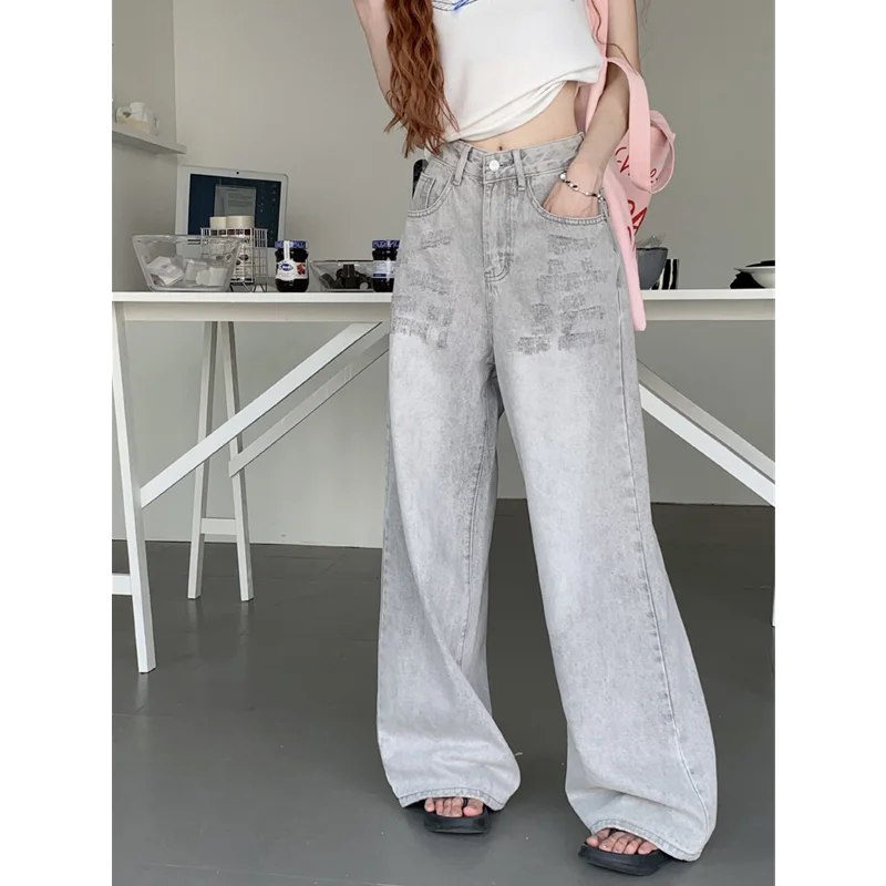 

Summer Grey Womens Jeans High Waist Baggy Casual Vintage Straight Y2K Pants Streetwear American Wide Leg Design Denim Trouser