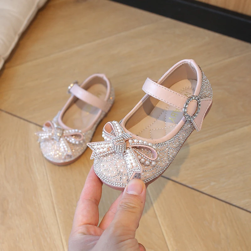 Children\'s Flats Kid\'s Single Shoes Fashion Girls Pink Rhinestone Bow Silver Princess Shoes Students Baby Party Show Shoes