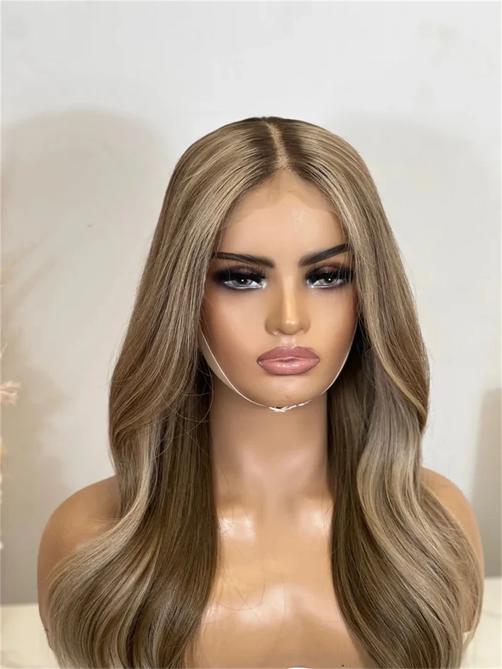 28Inch Ombre Ash Blonde Balayage Long Wave Wig Heat Resistant Synthetic Hair HD Lace Front Wig Glueless Cosplay Party Wig