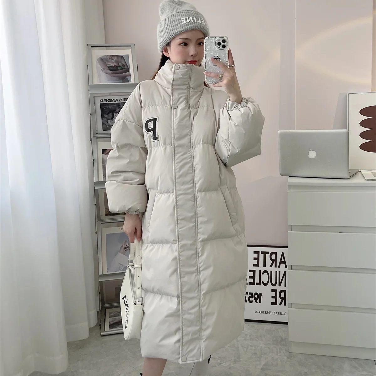 

Winter New Thick Warm Down Padded Jacket Women's Simple Medium Long Loose Couple Coat