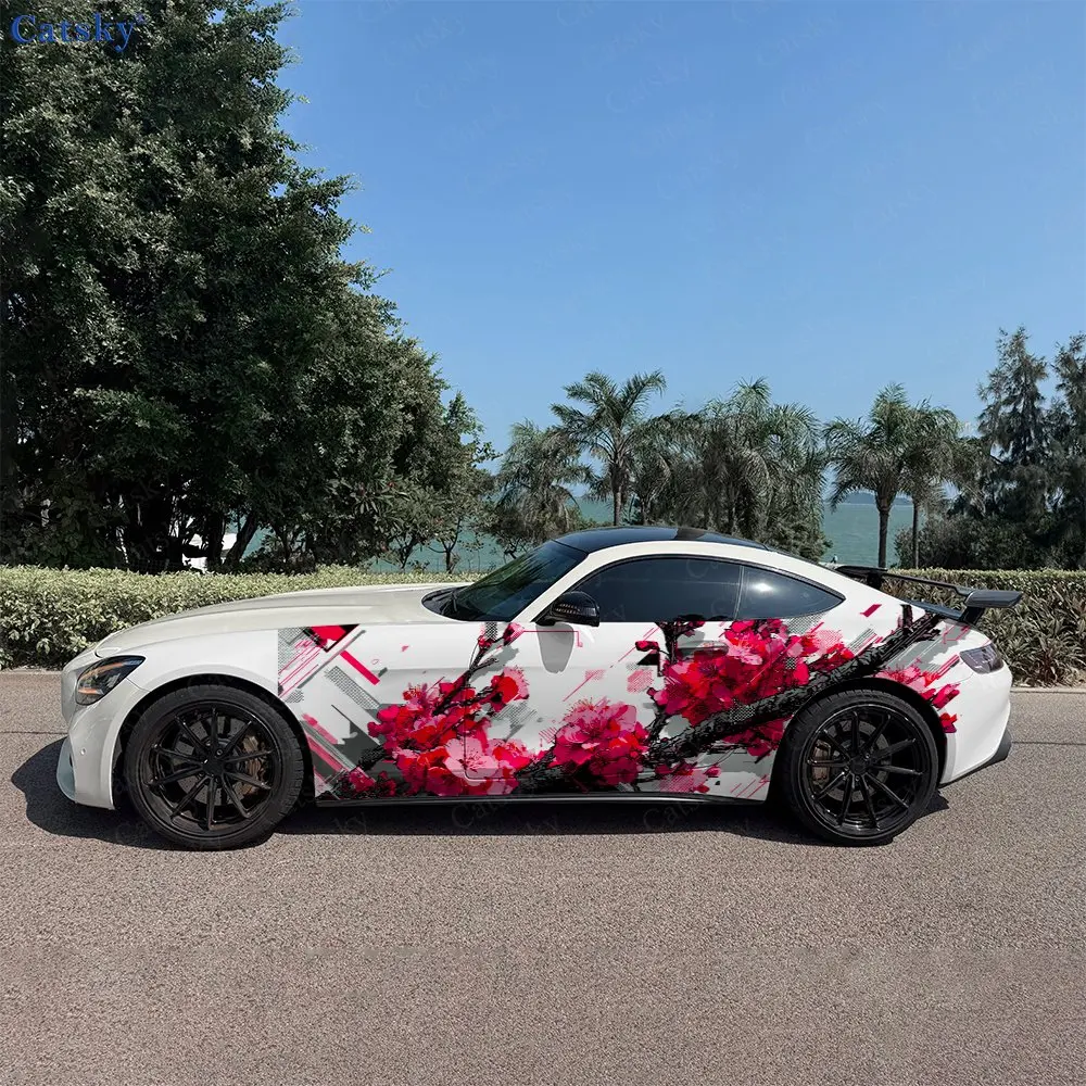 

2pcs Splatter Sakura Chinese Style Car Side Wraps, Self-Adhesive PVC Waterproof & Scratch-Resistant Stickers, Car Accessory Gift