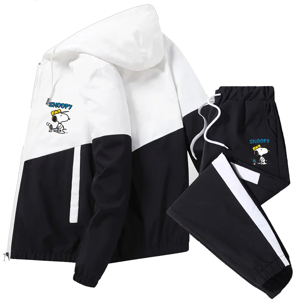 New Snoopy  Spring Men Casual Sets Mens Hooded Tracksuit Sportswear Jackets+Pants 2 Piece Sets Hip Hop Running Sports Suit