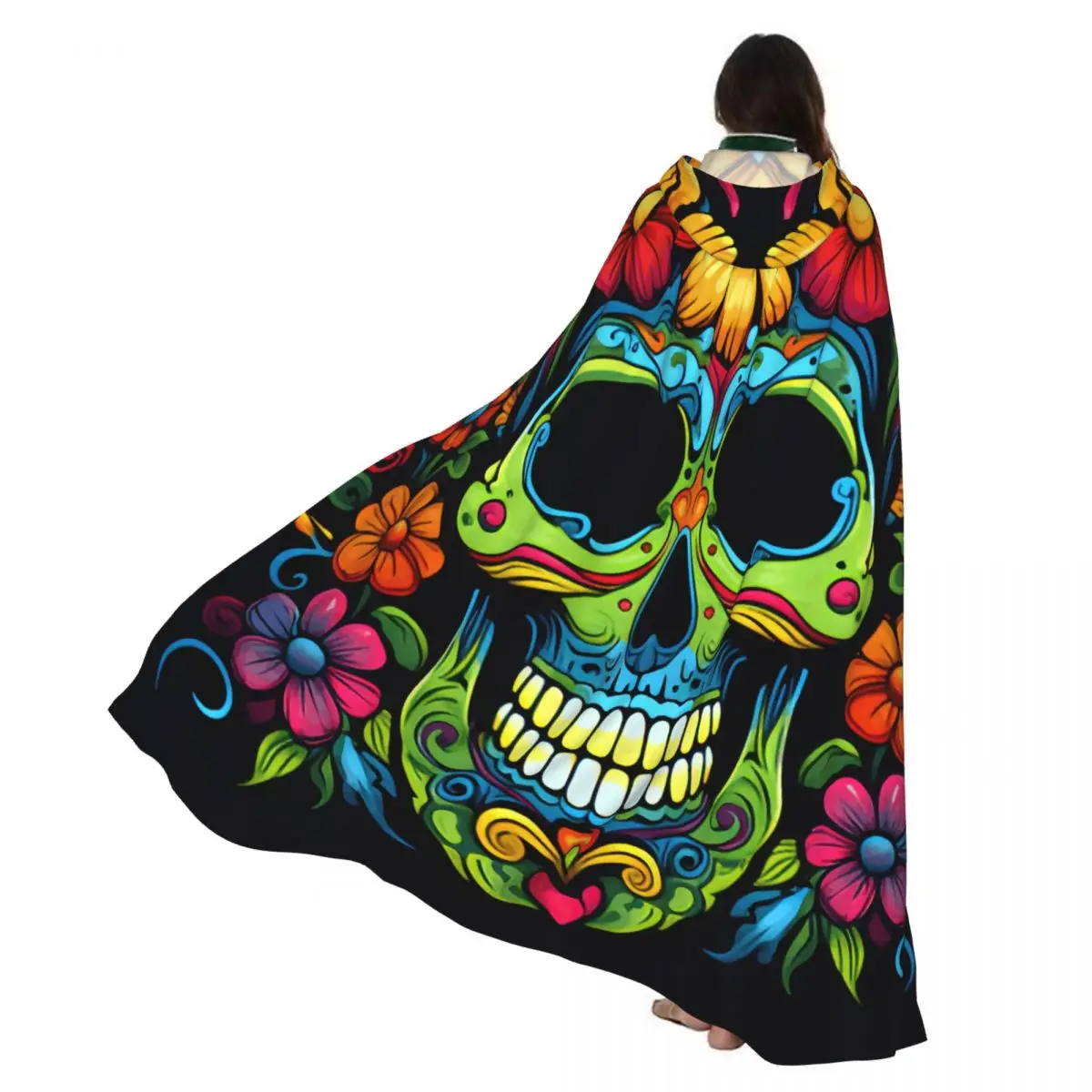 Capa de calavera de azúcar del Día de los muertos mexicano, disfraz de Cosplay con capucha, capa larga de fiesta para adultos de Halloween