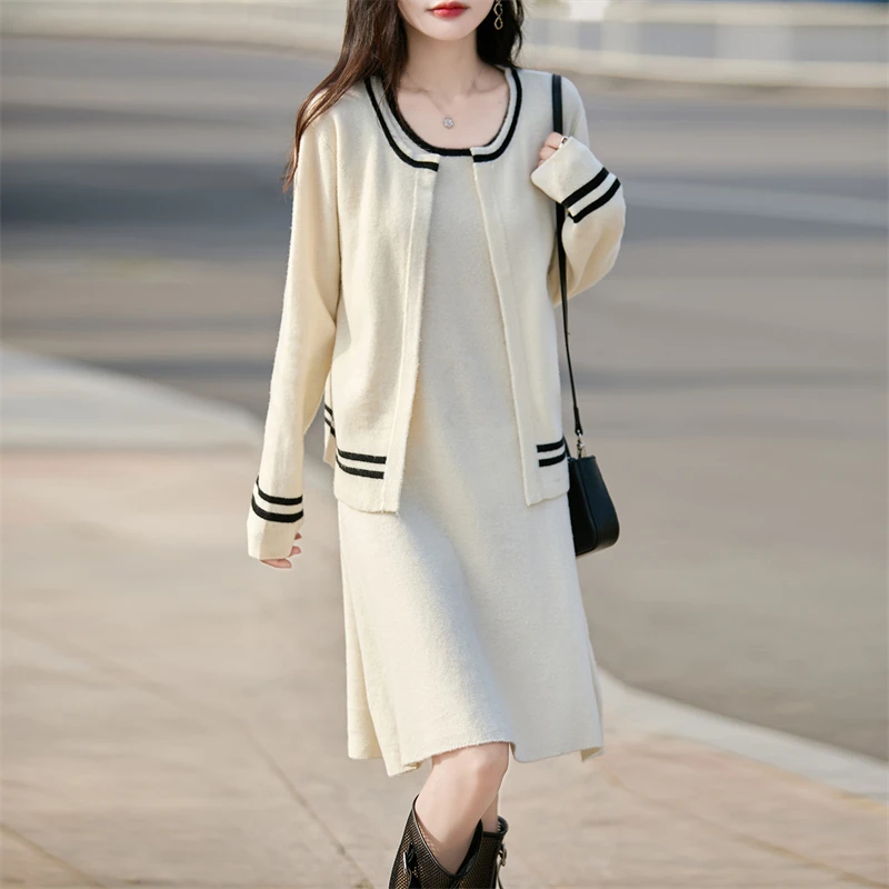 

2025 autumn and winter new 100% pure wool sweater women's round neck knitted cardigan sweater jacket+half skirt two-piece set