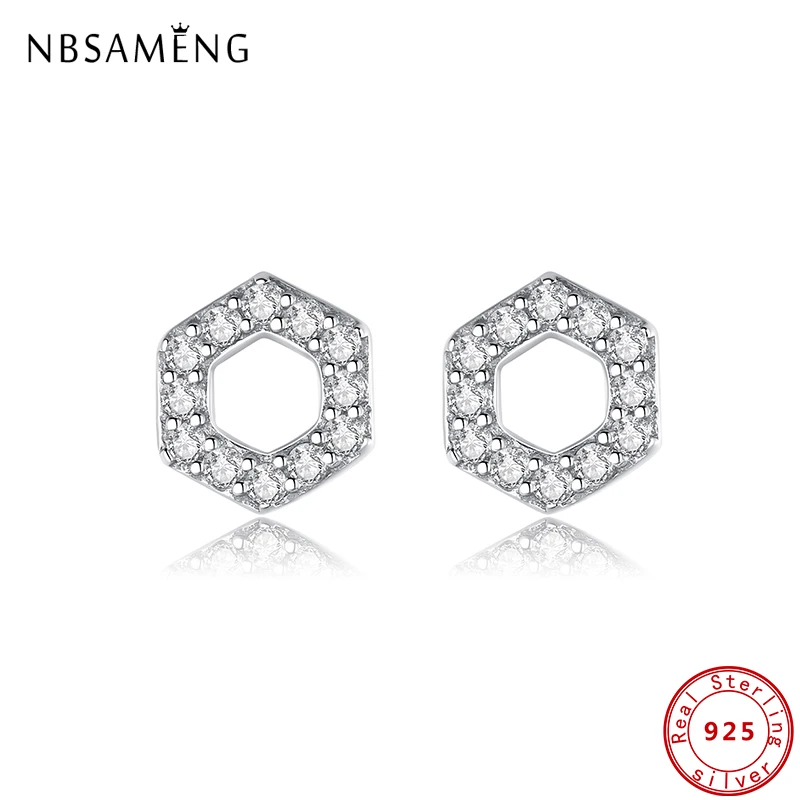 

Original 100% 925 Sterling Silver Stud Earrings Hexagon Crystals Piercing Earings For Women Fine Jewelry Love Gift