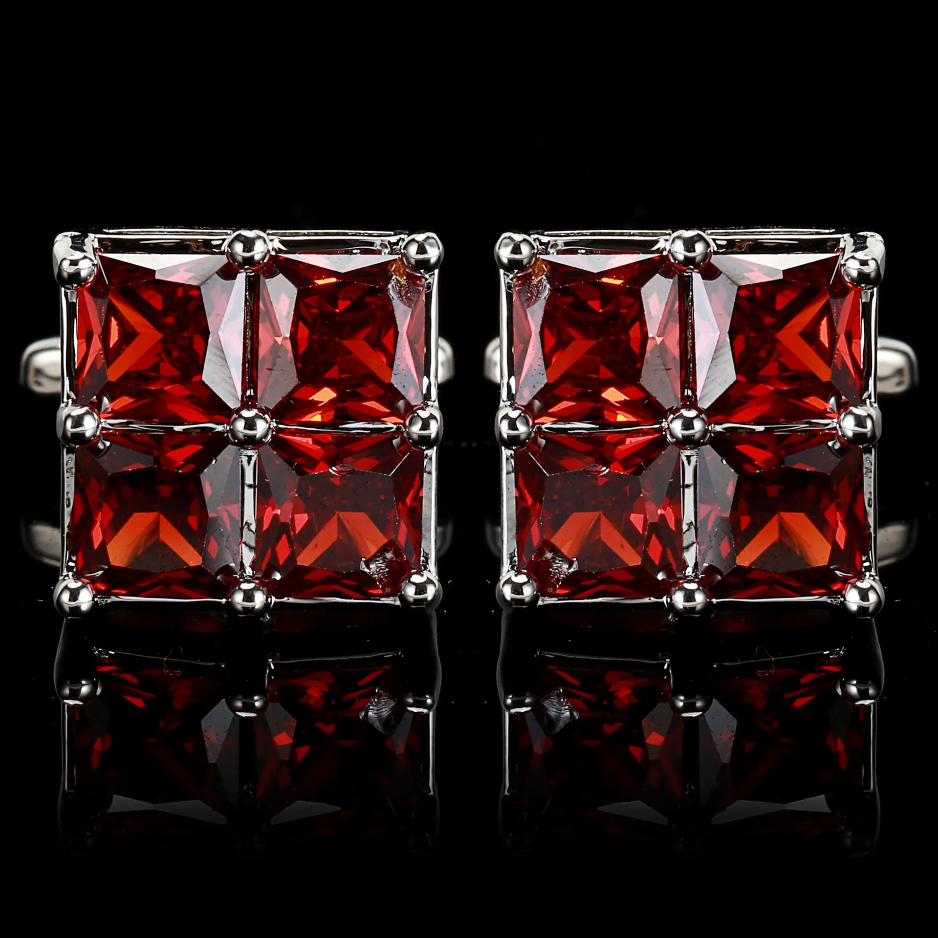 Square Tian word brass men's cufflinks white diamond burgundy champagne zircon crystal hot sleeve nails view 3