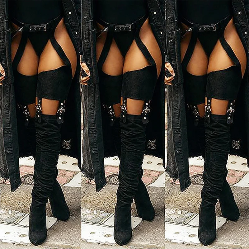 2024 Fashion Belt Women\'s Over The Knee Boots Sexy Stiletto High Heels Shoes Military Boots Girl Catwalk Boots