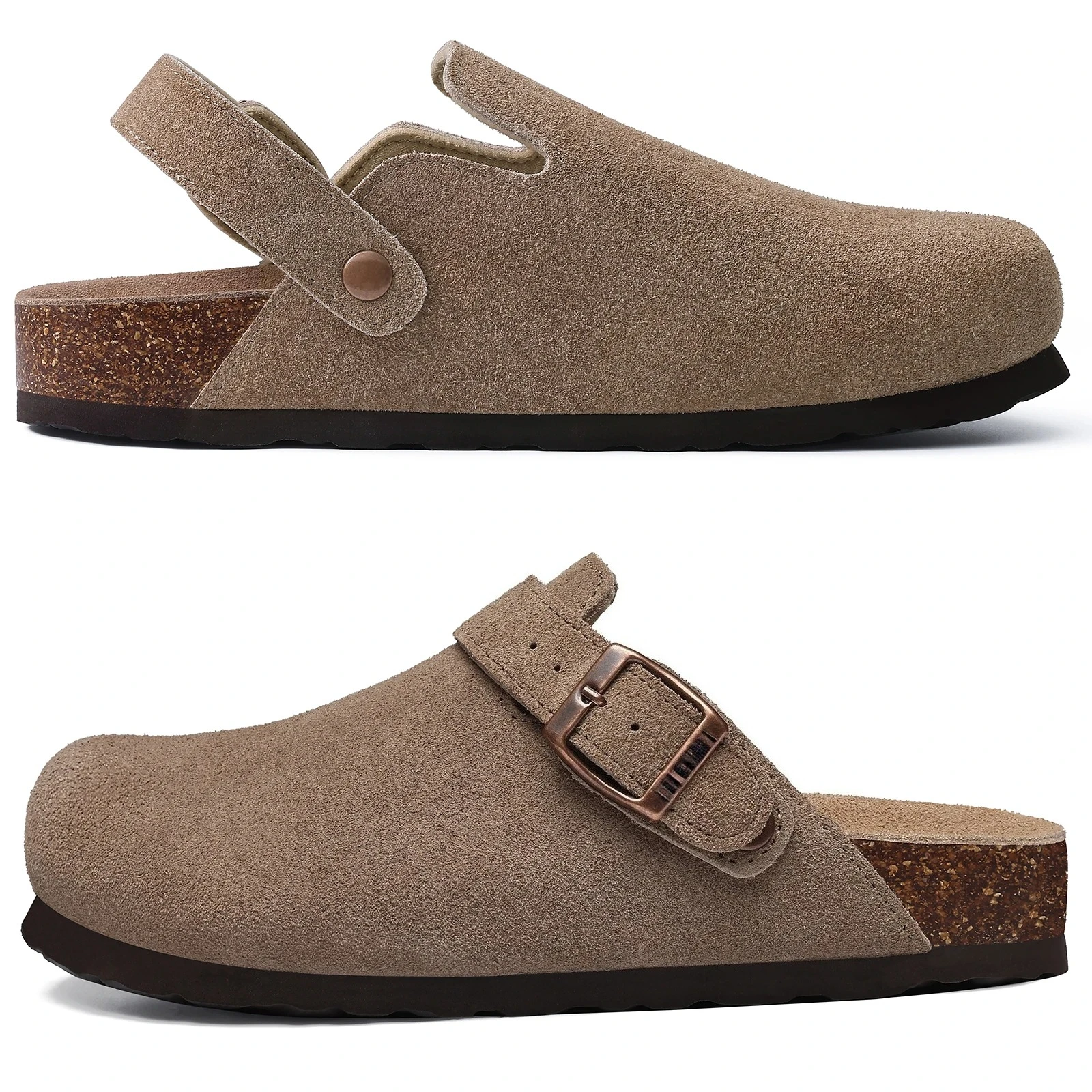 2026 Women Cow Suede Clogs With Adjustable Buckle Cork Leather Mules Comfortable Slip on Women Slippers Outdoor Cork Clogs