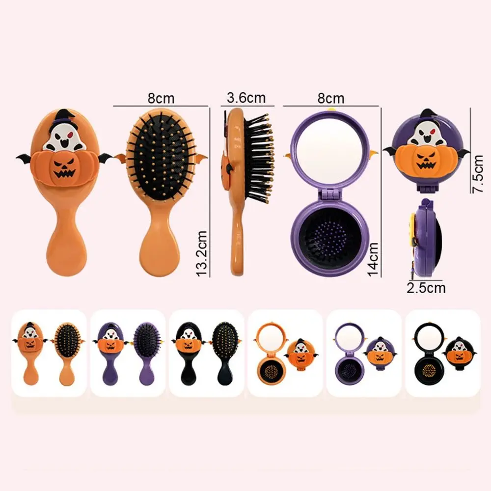 Mini Compact Round Folding Comb with Mirror Pumpkin Scalp Cartoon Handle Comb Fine-Tooth Anti Static Air Cushion Comb Girl