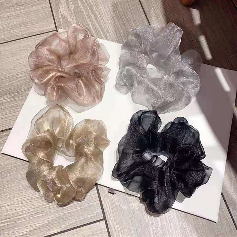 Reflective Mesh Oversized Scrunchies Big Rubber Hair Ties Plain Elastic Hair Bands Girl Ponytail Holder Women Hair Accessories