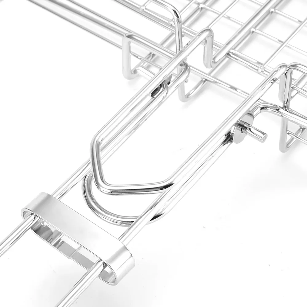 Stainless Steel Grill Basket Black Foldable Grilling Mesh Dense Mesh Long Removable Wooden Handle BBQ Clamp Fish Grilling