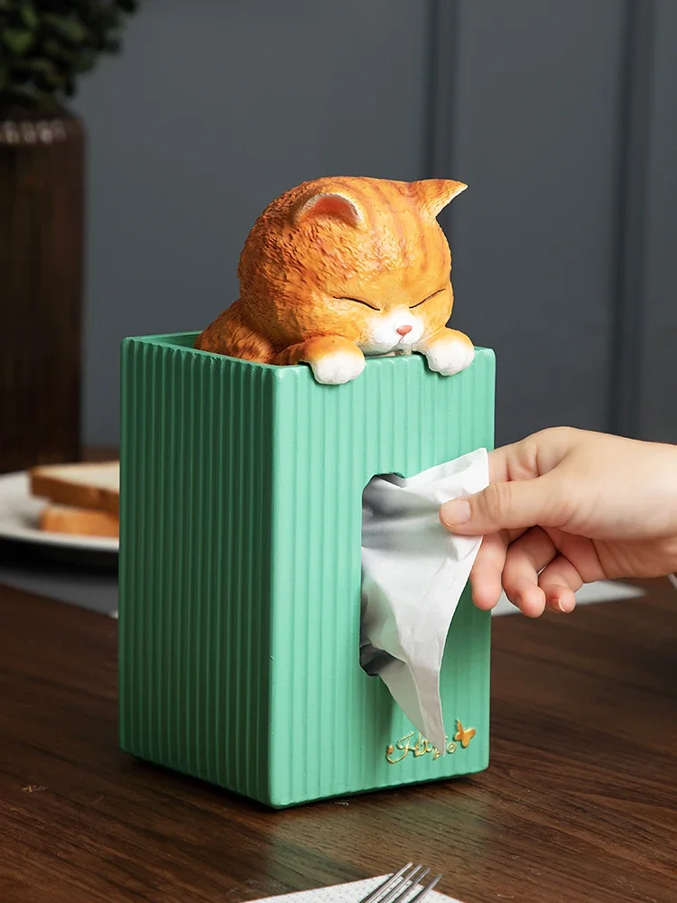 Creativity Orange Cat Square Tissue Box Resin Crafts Living Room Coffee Table Dining Table Tissue Box Holder Home Decorations